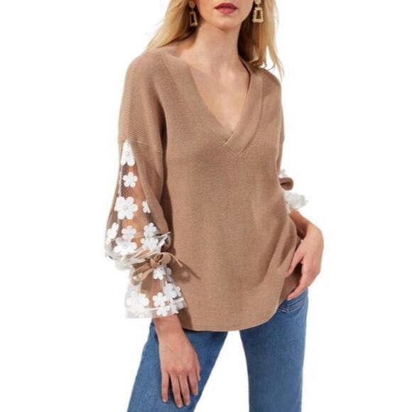 French Connection Caballo Floral Lace Sleeve Sweater Medium V Neck Balletcore - Picture 1 of 9